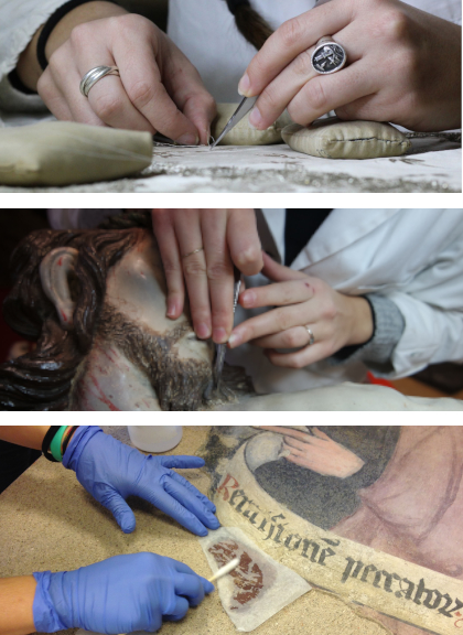 Restauratrici al lavoro su tessili, sculture e dipinti